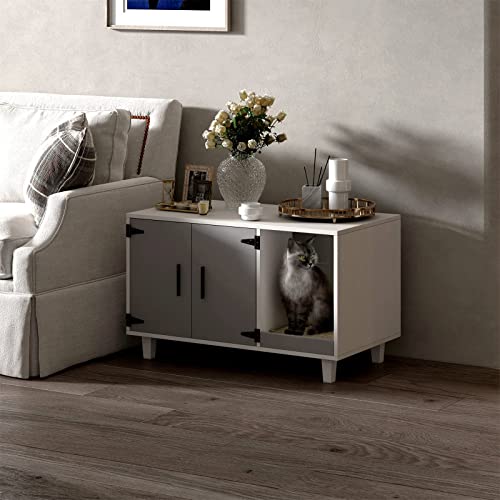 GDLF Modern Wood Pet Crate Cat Washroom Hidden Litter Box Enclosure Furniture House as Table Nightstand with Scratch Pad,Stackable (Gray & White) GDLF
