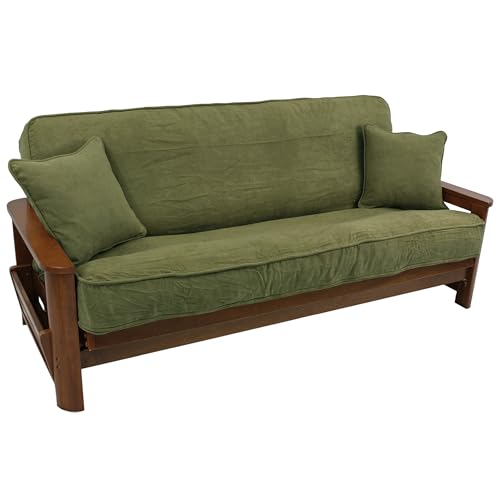 Blazing Needles Solid Microsuede Double Corded 8" to 9" Futon Cover Set with 2 Throw Pillows (Set of 3), Full, Sage Green Blazing Needles