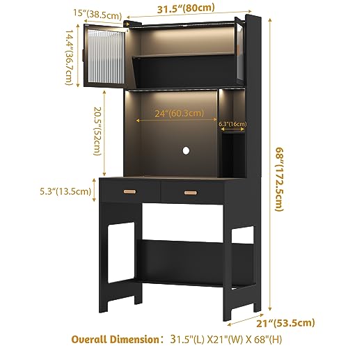 LVSOMT Home Office Desk with Hutch and Drawers, Modern Computer Gaming Desk with LED Lights & Power Outlets, Black Study Table with Storage Shelves, Teen Writing Desk for Bedroom, 31.5'' W LVSOMT