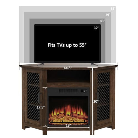 47" Corner Fireplace TV Stand for TVs Up to 55", Farmhouse Fireplace TV Stand with Remote 18" Electric Fireplace, Entertainment Center with Storage & Open Shelves for Living Room, Bedroom, Brown Vaczon
