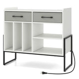 GOFLAME Record Player Stand with Charging Station, Large Turntable Stand with 3 Vinyl Storage Dividers, 2 Fabric Drawers, 3-Tier Adjustable Shelf, Record Player Cabinet for Living Room (White) GOFLAME