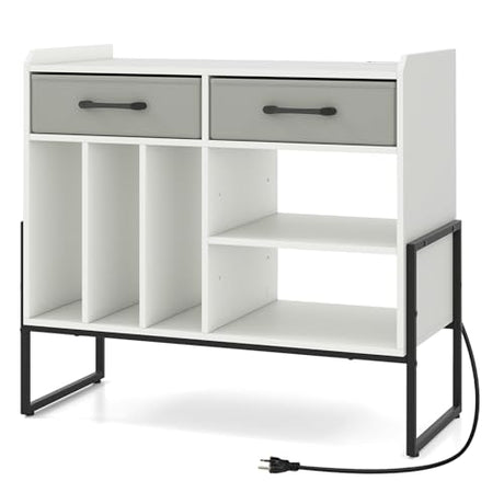 GOFLAME Record Player Stand with Charging Station, Large Turntable Stand with 3 Vinyl Storage Dividers, 2 Fabric Drawers, 3-Tier Adjustable Shelf, Record Player Cabinet for Living Room (White) GOFLAME