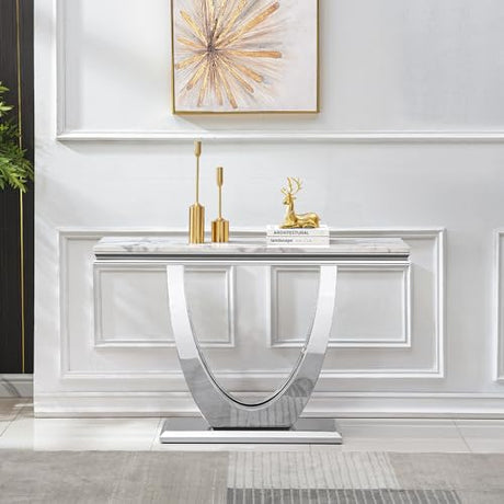 47" Marble Console Table Luxury Silver Sofa Table with Geometric U-Shape Stainless Steel Pedestal Modern Long Console Sofa Table White Marble Entryway Hall Table for Living Room Hallway Goujxcy