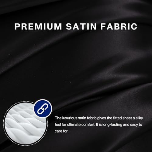 MR&HM Satin Fitted Sheet Queen Size, Silky Bottom Sheet with Elastic Corner Straps, Deep Pocket up to 15 Inch, No More Slipping Off for Mattress - 1 Fitted Sheet Only (Black) MR&HM