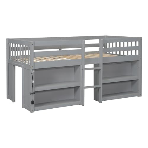 Harper & Bright Designs Low Loft Bed with Storage Shelves and LED Light for Kids, Twin Size, Gray - WoodArtSupply