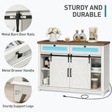 RALGEND Farmhouse Buffet Cabinet with LED Lights, 47" Coffee Bar Cabinet with Power Outlet, Kitchen Buffet Cabinet with 2 Drawers, Sideboard Cabinet, Sliding Barn Doors, White and Walnut 12CBUDWH RALGEND