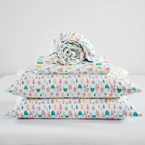 Intelligent Design Cozy Soft 100% Cotton Flannel Sheets, Breathable Festive & Adorable Print Cotton Flannel Sheet Set, Deep Pocket Sheet Fits Up to 16" Mattress, Full White Holiday Trees 4 Piece Intelligent Design