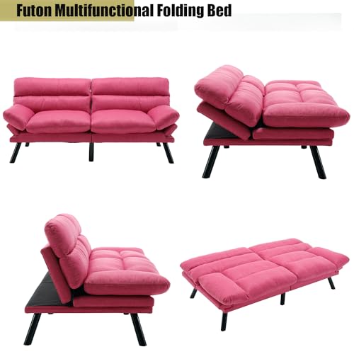 Modern Linen Velvet Convertible Folding Futon Couch Sofa Bed Adjustable Pillow Top Arm Memory Foam Couch Double Loveseat Sofa for Compact Living Space,Dorm,Game Studio,Apartment,Bedroom (Rose Red) Klwenas Maec