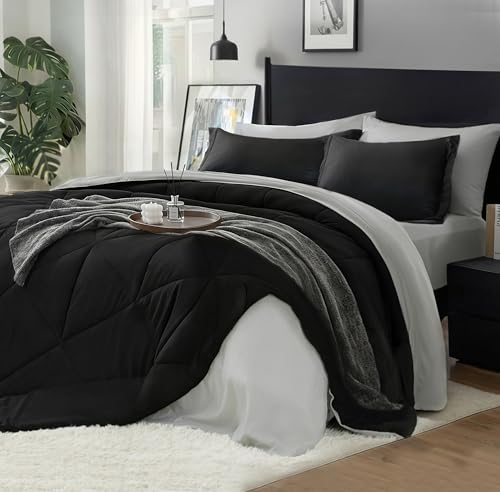 BEDELITE King Size Comforter Set 7 Pieces Bed in A Bag - Soft Microfiber Reversible Black Bed Set with Comforters, Sheets, Pillowcases & Shams, Cozy Luxury Bedding Sets for All Season BEDELITE