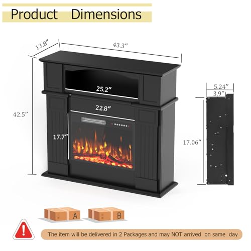 PRETZI 43" Electric Fireplace with Mantel, Wooden Black Electric Fireplace Surround with Mantel, Freestanding Faux 23" Fireplace Insert for Living Room with Remote Control, Adjustment 3D Led Flame PRETZI