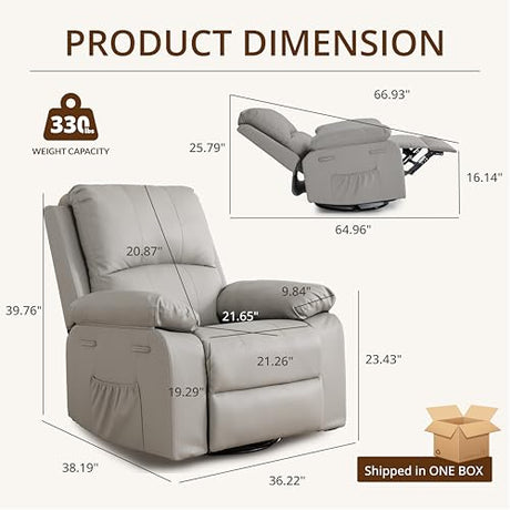 zzlay 360° Swivel Rocking Leather Recliner Chair for Adults, Overstuffed Manual Recliner with Spring Cushion, Glider Rocking Nursery Single Sofa with Side Pockets for Living Room, Beige zzlay
