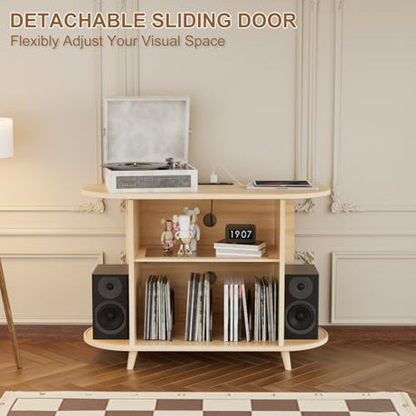 YKVIQBY 39" Record Player Stand with Vinyl Storage,Large Turntable Stand Holds up to 300+ Albums,Record Player Table,Stereo Cabinet with Open Storage,Charging Station & LED Lights,for Living Room,Oak YKVIQBY
