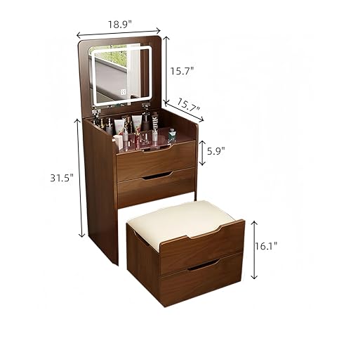Videvik 3 in 1 Vanity Desk with Plip Top Mirror and Lights, 18.9" Small Make Up Vanity Set with Visible Glass Desktop,Compact Makeup Vanity with 3 Drawers,Dressing Table for Bedroom,Walnut Videvik
