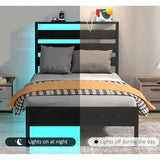 J.Fkne Twin Bed Frame with Headboard, Platform Bed with LED & Charging Station, Heavy Duty Metal Slats, No Box Spring Needed, Noise Free, Easy Assembly, Black J.Fkne