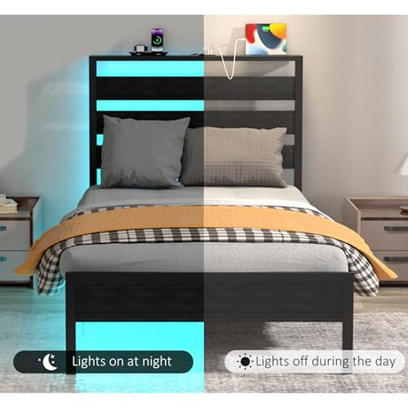 J.Fkne Twin Bed Frame with Headboard, Platform Bed with LED & Charging Station, Heavy Duty Metal Slats, No Box Spring Needed, Noise Free, Easy Assembly, Black J.Fkne