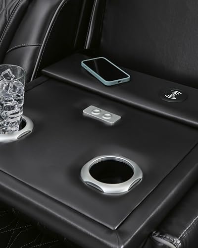 Signature Design by Ashley Boyington Modern Leather Match Power Reclining Loveseat with Console, Adjustable Headrest, Massage, Heated Seat and LED Lights, Black Signature Design by Ashley