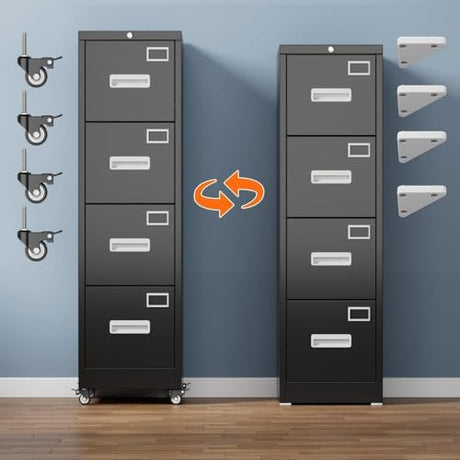 Aobabo 4 Drawer File Cabinet with Lock and Wheels, Metal Vertical Filing Cabinet with Anti-Tilt Interlock System for Home Office, Fits Letter/Legal Size, Black,Required Assembly Aobabo