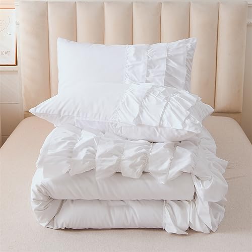Holawakaka White Waterfall Ruffle Comforter Set Full Size Multi-Layers Ruffled Shabby Chic 3PCS Bedding Set for Girls Women Holawakaka