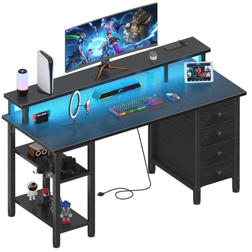 Lufeiya Black Gaming Desk with LED Lights and Power Outlets, 47 inch Computer Desk with Fabric Drawers and Storage Shelves, Home Office Desk with Monitor Stand, Black Lufeiya