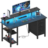 Lufeiya Black Gaming Desk with LED Lights and Power Outlets, 47 inch Computer Desk with Fabric Drawers and Storage Shelves, Home Office Desk with Monitor Stand, Black Lufeiya