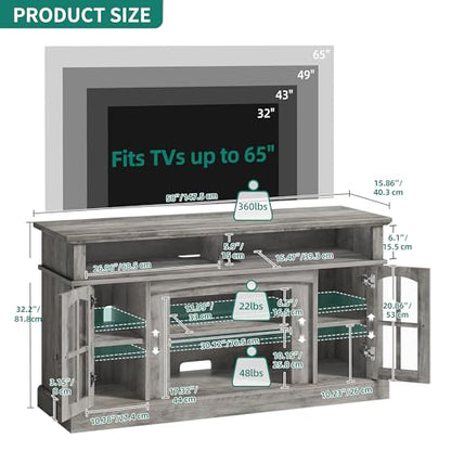 YITAHOME LED Farmhouse TV Stand for TV up to 65 Inch w/Outlets, Highboy Media Entertainment Center Console Table Adjustable Storage Shelves &Cabinet Glass Door for 400lbs for Living Room, Rustic Gray