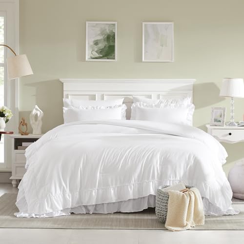 Cupocupa White Queen Comforter Set, 3Pcs Ruffle Comforters Queen/Full Size Farmhouse Bedding Sets with Comforter, Lightweight Fluffy Soft Shabby Chic Bedding Comforter Sets Cupocupa