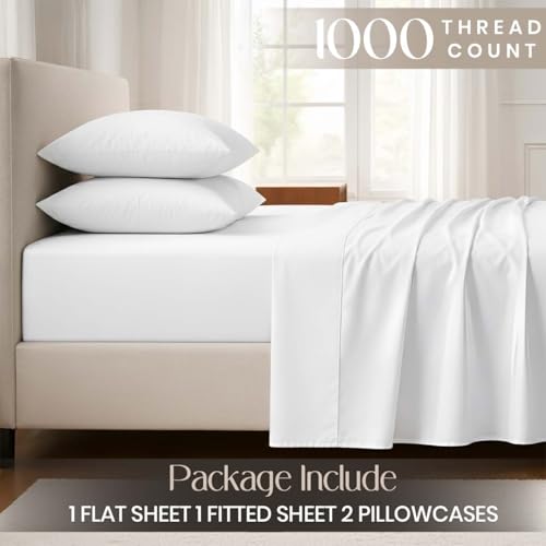 SGI bedding 100% Egyptian Cotton Sheets Full XL Size - 1000 Thread Count Luxury Hotel Sheets, 18" Deep Pocket, Soft & Breathable 4-Piece White Sheet Set SGI bedding