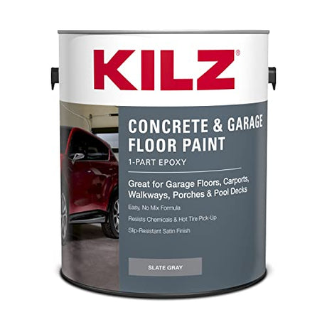 KILZ 1-Part Epoxy Acrylic Concrete and Garage Floor Paint, Interior/Exterior, Satin, Slate Gray, 1 Gallon KILZ