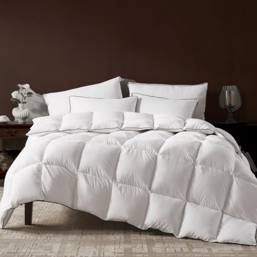 Richtry Goose Feather Down Fiber Comforter Queen Size, Fluffy Cotton Quilted White Duvet Insert, Ultra-Soft, Breathable, Luxury Bedding Comforter All Season Medium Warmth with Corner Tabs, 90x 90Inch Richtry