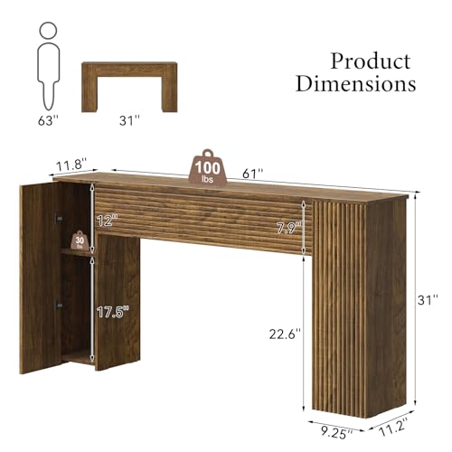 FABATO 61'' Fluted Long Console Table, Wooden Rectangular Sofa Table Behind The Couch, Narrow Entryway Table with 2 Hidden Storage Cabinets for Entrance, Hallway, Living Room, Foyer, Brown FABATO