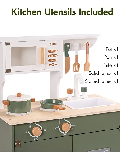 ROBUD Vintage Green Wooden Kitchen Sets for Kids Toddler, Pretend Play Kitchen with Working Ice Machine, Microwave Oven, Ages 3+ ROBUD