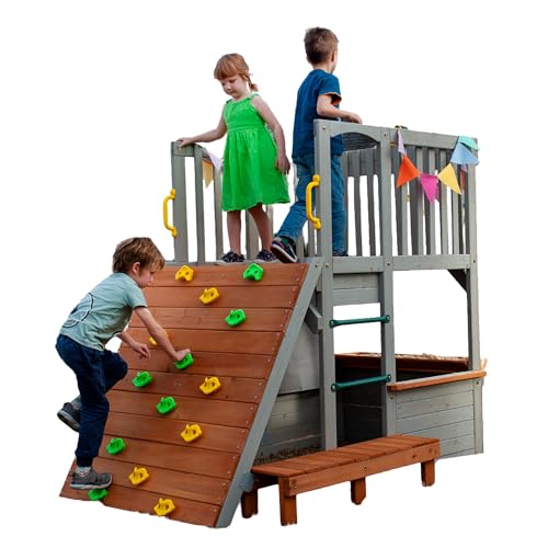 Funphix Large Playhouse for Kids Outdoor Wooden Playhouse with Sandbox, Bench, Play Telescope, Ladder, Climbing Ramp & Doors - Durable 2 Levels Lookout Post Outdoor Playset for Backyard