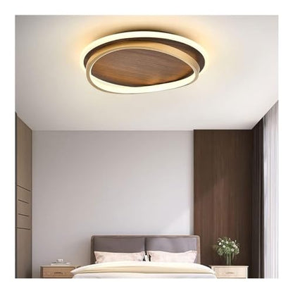 Farmhouse LED Ceiling Light Fixture - Wood Grain Finish Semi Flush Mount Round Mid Century Modern Ceiling Light with Gold Ring Antique Vintage Lighting Fixture for Living Room Bedroom Kitchen - WoodArtSupply