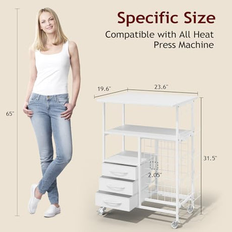 Homsorout Movable Heat Press Table - 6-Tier Heat Press Stand with Drawers and Vinyl Roll Holder, Craft Cabinet Table Compatible for Cricut Craft Cutting Machine Stand Workstation (White) Homsorout