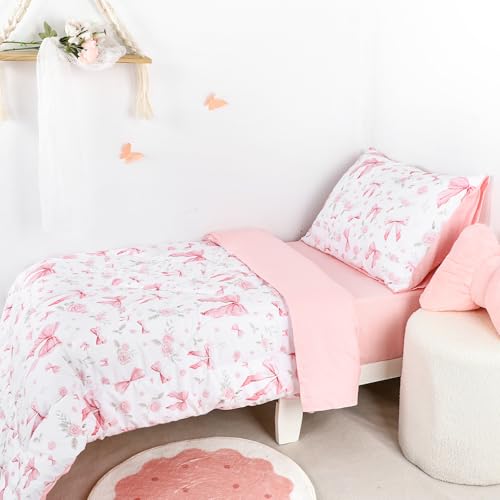 Jundetye Toddler Bedding Set for Girls 4 Pieces Pink Rose, Soft Breathable Toddler Comforter Set, Bow Flower Print, Includes Reversible Comforter, Fitted Sheet and Flat Sheet, Pillowcase Jundetye