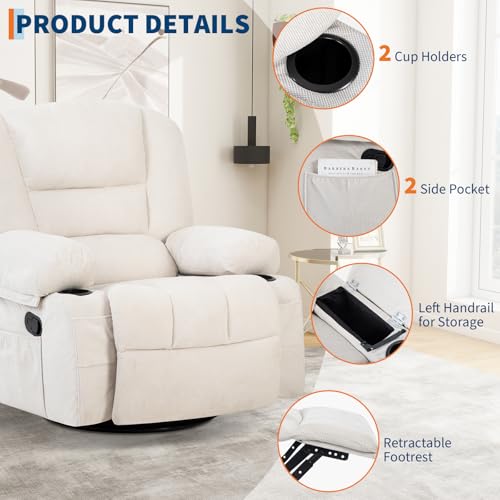 Oversized Wide Recliner Chair with Vibration Massage and Heat, 360° Swivel Recliner Glider for Adults,Chenille Fabric Manual Reclining Single Sofa with Cup Holders & Side Pockets for Living Room,White