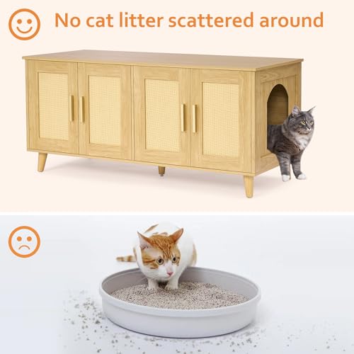 Homhedy Boho Cat Litter Box Enclosure for 2 Cats,Litter Box Furniture Hidden with Double Rattan Decorated Doors,Wooden Cat Washroom Furniture,Cat House,47.2”L x 19.7”W x 21.7”H, Natural Homhedy