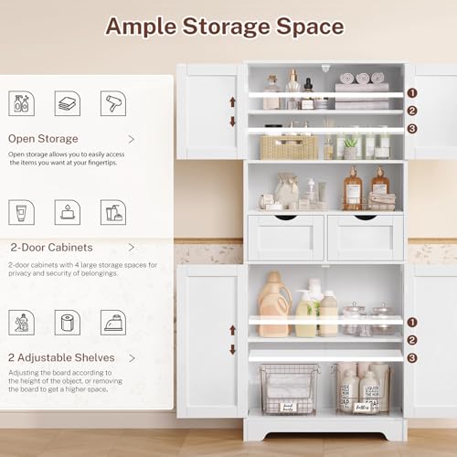 TEENFON 57.8" H Tall Bathroom Storage Cabinet with 4 Doors & 2 Adjustable Shelves, Freestanding Bathroom Cabinet with 2 Drawers, Kitchen Cabinets & Pantry, Cupboard for Kitchen, Dining Room, White TEENFON