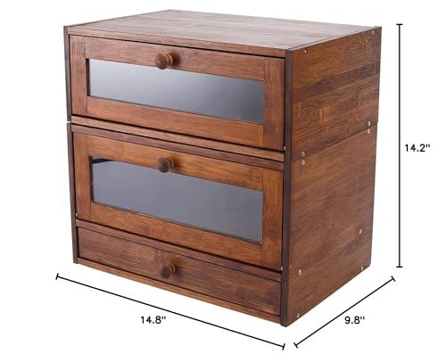 IZLIF Bread Box for Kitchen Countertop Removable 2 Shelf Natural Bamboo Bread Storage Container Bread Keeper with Clear Windows and Utensil Flatware Holder,Brown IZLIF