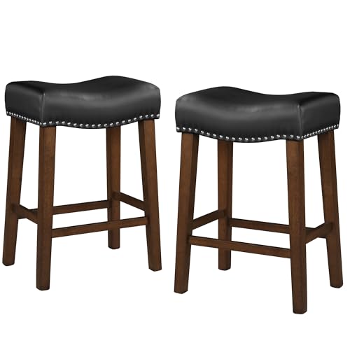 Larksperal 26" Backless Bar Stools Set of 2 - Counter Height Barstools with Faux Leather Upholstered Saddle Seat, Modern Wood Backless Bar Stools for Kitchen Island, Black - WoodArtSupply