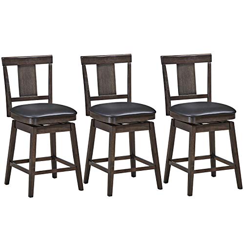 COSTWAY Bar Stools Set of 3, 360 Degree Swivel, Wooden Counter Height Bar Stool, Leather Padded Seat, Single Slat Back & Solid Rubber Wood Legs, - WoodArtSupply