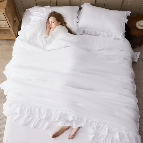 Andency White Ruffle Comforter Full Set, 3pcs Vintage Farmhouse Shabby Chic Bedding Comforter Set, Soft Lightweight Fluffy Bed Comforter Sets All Season Bedding Set Andency
