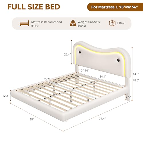 MapleGrace Full Size Floating Bed Frame with LED Lights, Velvet Upholstered Bed Frame with Headboard, Rounded Corners, Charging Station, No Box Spring Needed, Easy Assembly, White MapleGrace