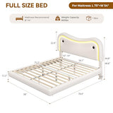 MapleGrace Full Size Floating Bed Frame with LED Lights, Velvet Upholstered Bed Frame with Headboard, Rounded Corners, Charging Station, No Box Spring Needed, Easy Assembly, White MapleGrace