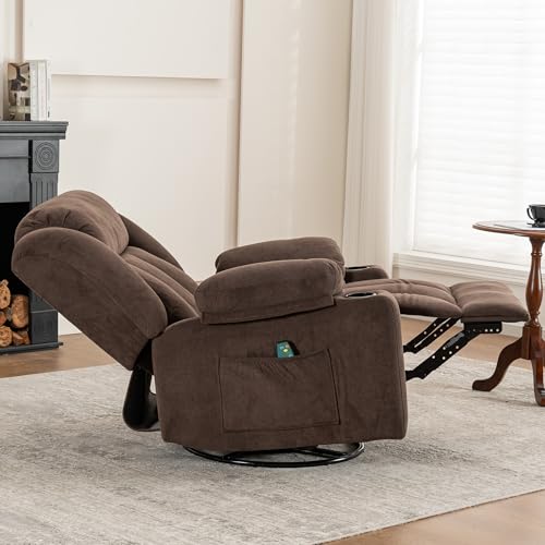 Ketaiyou Rocker Swivel Recliner Chair for Adults, Overstuffed Large Manual Recliner Glider with Massage and Heat, Comfy Soft Fabric Living Room Reclining Sofa Chair (Cocoa1)