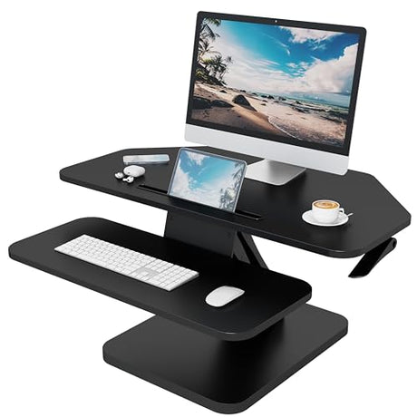 Lubvlook 32 inch Corner Standing Desk Converter, Height Adjustable Sit Stand Desk Riser with Keyboard Tray, Black, GSD76 Lubvlook