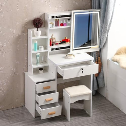 Vanity Desk with Sliding Mirror and Lights, Small Vanity Table Makeup Vanity Dressing Table, Makeup Vanity with Drawers & Shelves, Bedroom Dressing Table, Writing Desk Bedroom Essential (Whit - WoodArtSupply