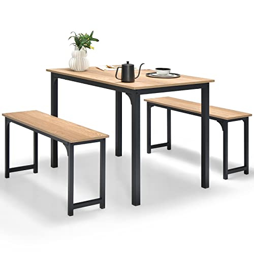 Giantex Dining Table Set for 4, Industrial Kitchen Table Set w/ 2 Benches, Space-Saving Dinette Set for Breakfast Nook, Dining Room, Kitchen, Easy Assembly (Natural) Giantex