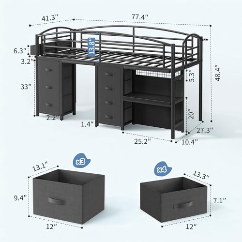 Low Loft Bed Twin Size with 7 Storage Drawers, Desk and LED Lights, Heavy Duty Metal Kids Loft Bed with 12" H Safety Guardrail, Anti-Collision Pad, Private Play Curtain, Under-Bed Play Space - Black Jocoevol