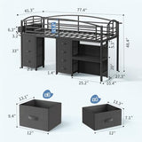 Low Loft Bed Twin Size with 7 Storage Drawers, Desk and LED Lights, Heavy Duty Metal Kids Loft Bed with 12" H Safety Guardrail, Anti-Collision Pad, Private Play Curtain, Under-Bed Play Space - Black Jocoevol